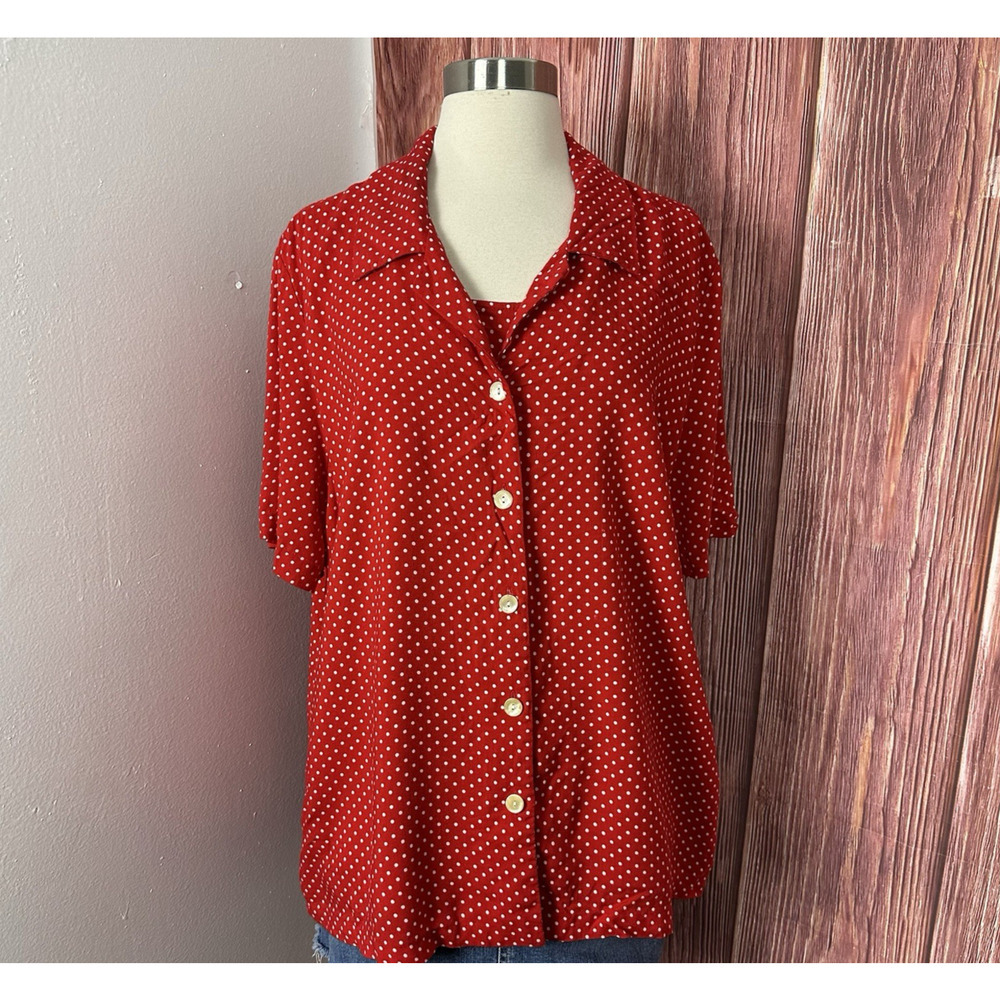 Blair Boutique Red Polka Dot Blouse Button Up Short‎ Sleeve Size XL Made in USA